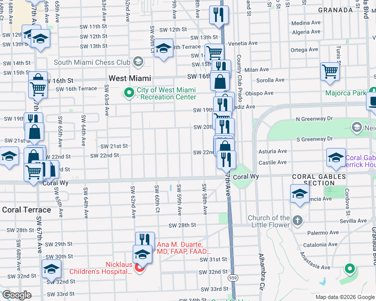 map of restaurants, bars, coffee shops, grocery stores, and more near 2198 Southwest 58th Court in Miami