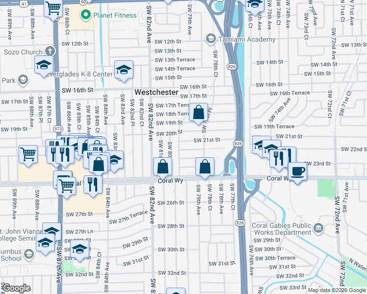 map of restaurants, bars, coffee shops, grocery stores, and more near 7945 Southwest 21st Terrace in Miami