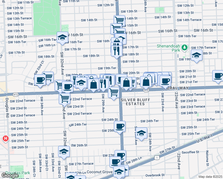 map of restaurants, bars, coffee shops, grocery stores, and more near 2759 Coral Way in Miami