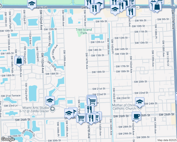 map of restaurants, bars, coffee shops, grocery stores, and more near 14681 Southwest 18th Street in Miami