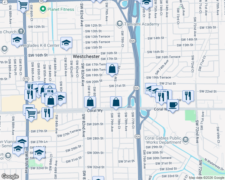 map of restaurants, bars, coffee shops, grocery stores, and more near 7855 SW 21st Terrace in Miami