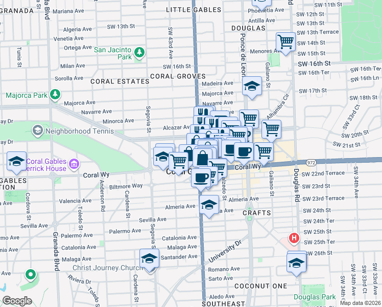 map of restaurants, bars, coffee shops, grocery stores, and more near 415 Aragon Avenue in Coral Gables