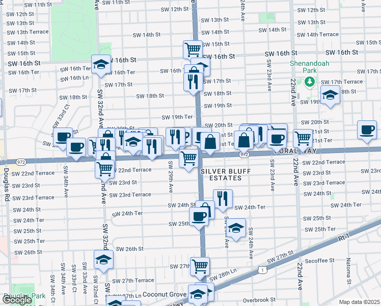 map of restaurants, bars, coffee shops, grocery stores, and more near 2759 Coral Way in Miami