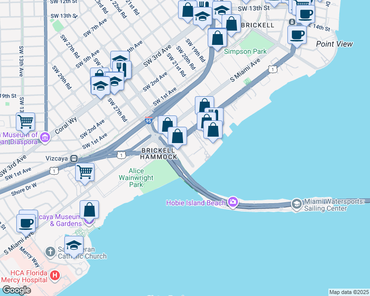 map of restaurants, bars, coffee shops, grocery stores, and more near 2475 Brickell Avenue in Miami