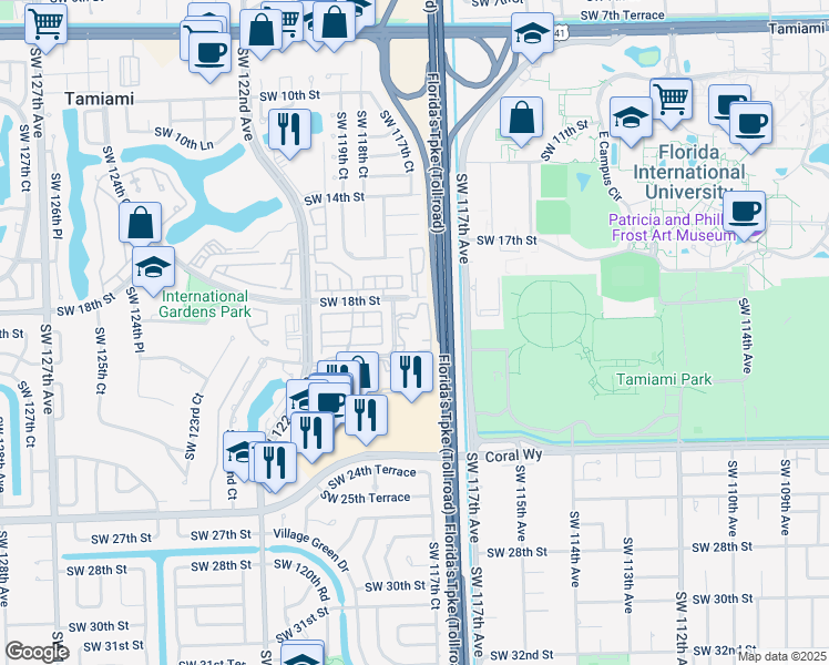 map of restaurants, bars, coffee shops, grocery stores, and more near 11750 Southwest 18th Street in Miami