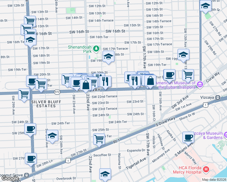 map of restaurants, bars, coffee shops, grocery stores, and more near 1898 Southwest 22nd Terrace in Miami