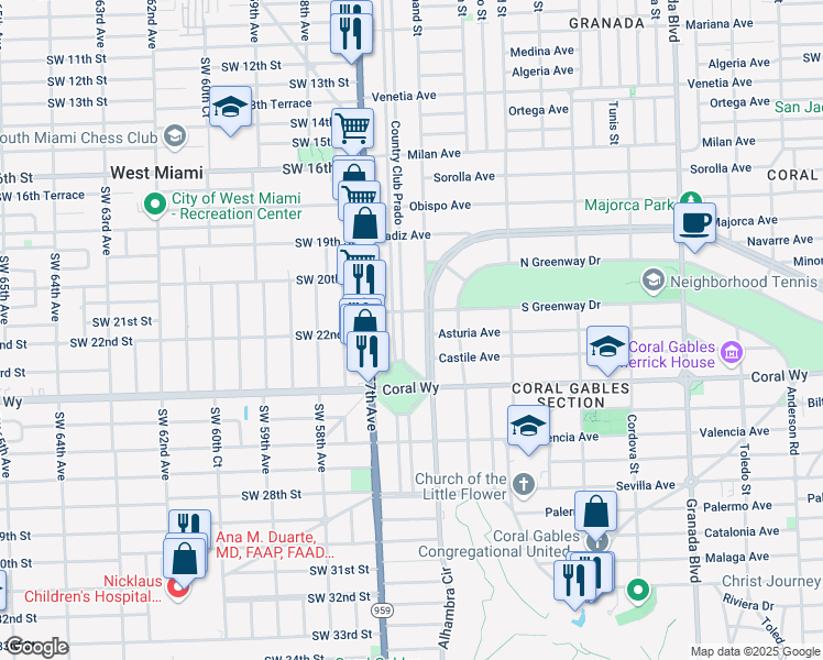 map of restaurants, bars, coffee shops, grocery stores, and more near 2121 Country Club Prado in Coral Gables