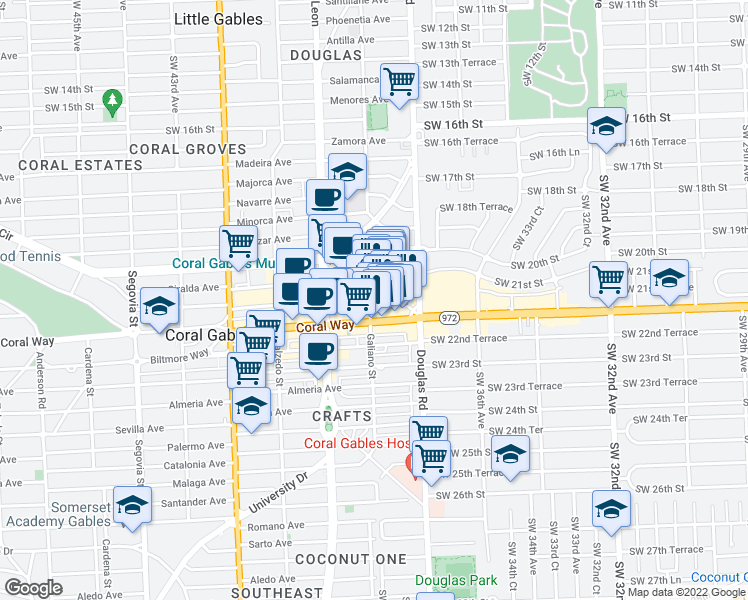 map of restaurants, bars, coffee shops, grocery stores, and more near 6 Aragon Avenue in Coral Gables