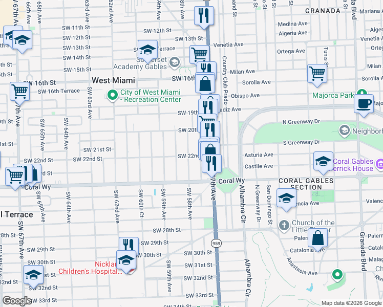 map of restaurants, bars, coffee shops, grocery stores, and more near 5795 Southwest 22nd Street in Miami