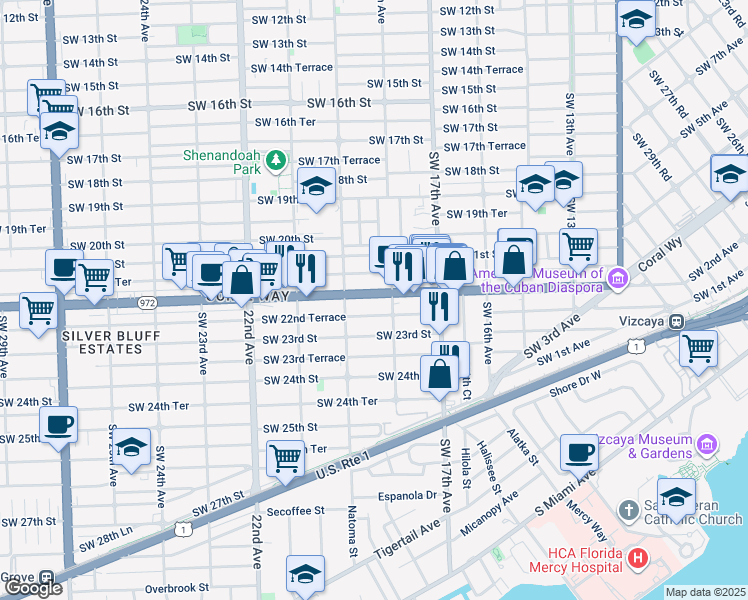 map of restaurants, bars, coffee shops, grocery stores, and more near 1840 Southwest 22nd Street in Miami