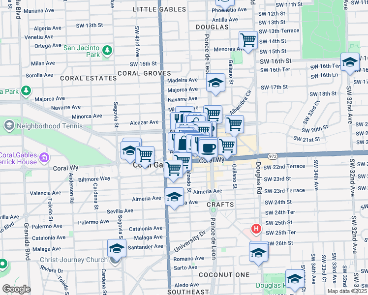 map of restaurants, bars, coffee shops, grocery stores, and more near 281 Miracle Mile in Coral Gables