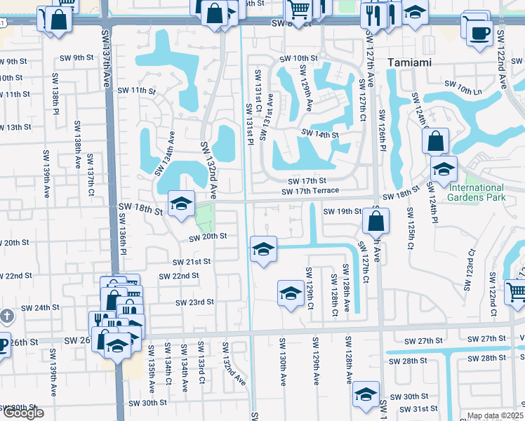 map of restaurants, bars, coffee shops, grocery stores, and more near 13140 Southwest 18th Terrace in Miami