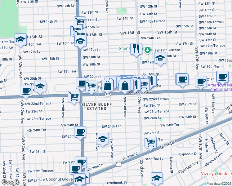 map of restaurants, bars, coffee shops, grocery stores, and more near Coral Way in Miami