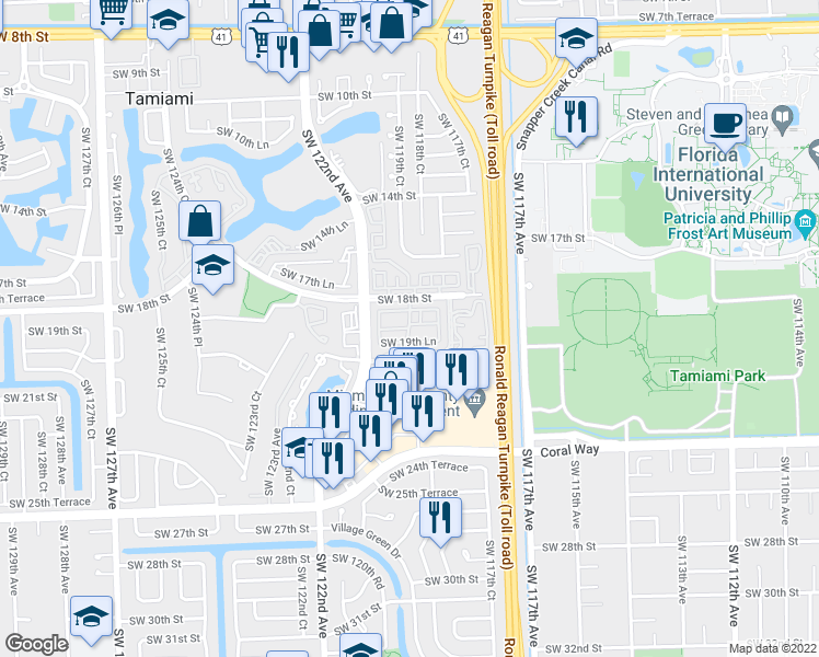 map of restaurants, bars, coffee shops, grocery stores, and more near 11835 Southwest 19th Lane in Miami