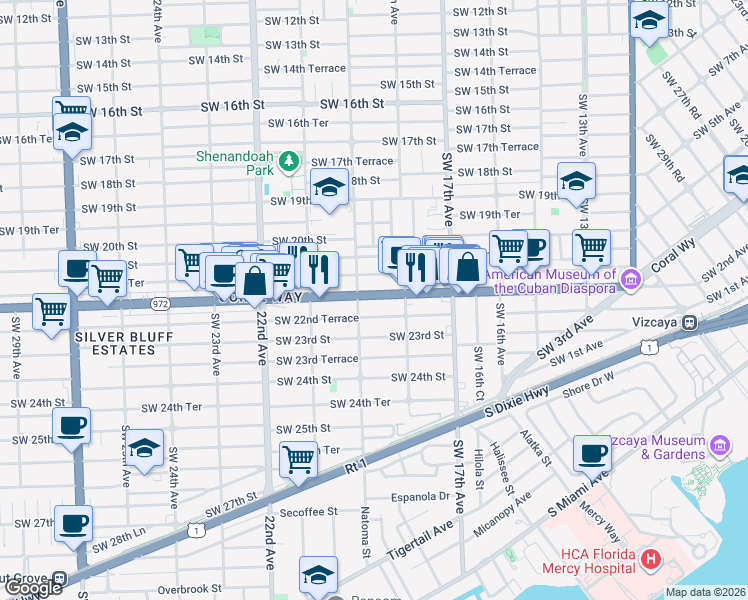 map of restaurants, bars, coffee shops, grocery stores, and more near 1898 Southwest 22nd Terrace in Miami