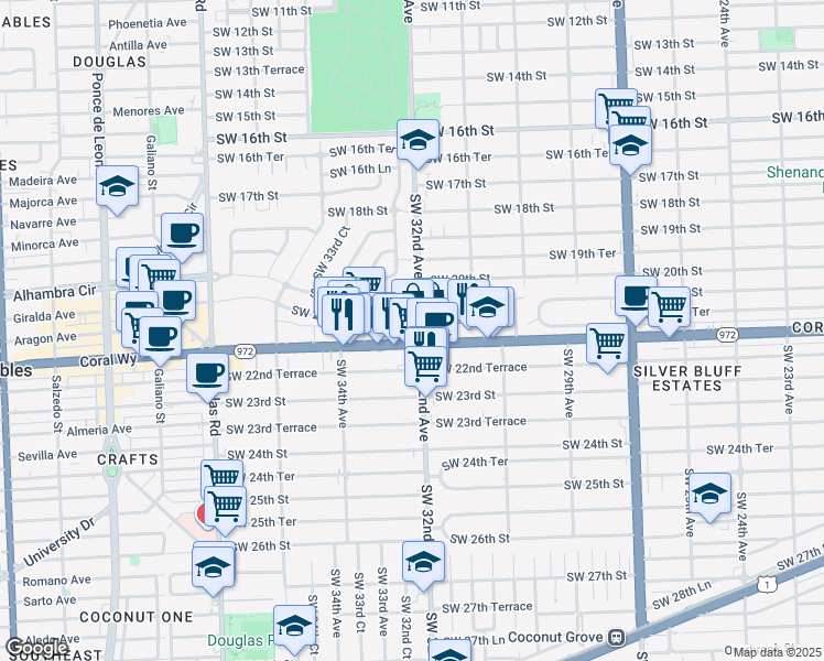 map of restaurants, bars, coffee shops, grocery stores, and more near 3201 Southwest 22nd Street in Coral Gables