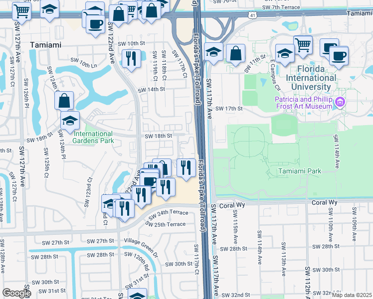 map of restaurants, bars, coffee shops, grocery stores, and more near 11750 Southwest 18th Street in Miami
