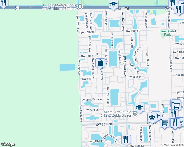 map of restaurants, bars, coffee shops, grocery stores, and more near 1724 Southwest 154th Path in Miami