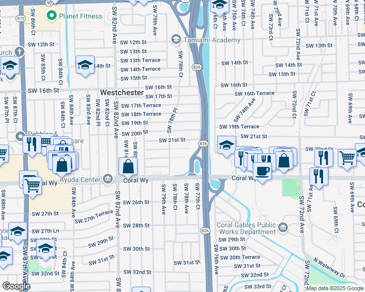 map of restaurants, bars, coffee shops, grocery stores, and more near 7815 Southwest 21st Terrace in Miami