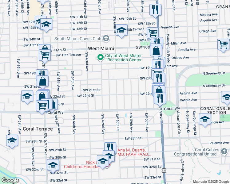 map of restaurants, bars, coffee shops, grocery stores, and more near 2160 Southwest 60th Court in Miami