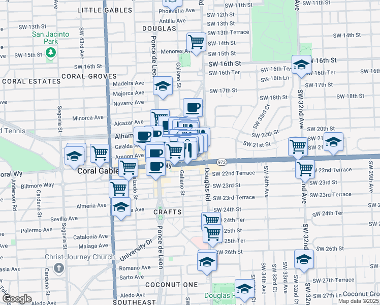 map of restaurants, bars, coffee shops, grocery stores, and more near 6 Aragon Avenue in Coral Gables