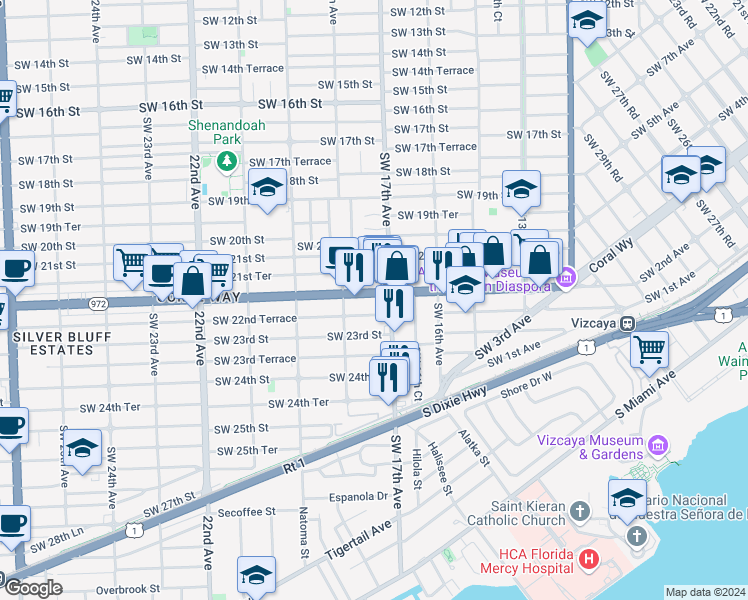 map of restaurants, bars, coffee shops, grocery stores, and more near 1750 Coral Way in Miami