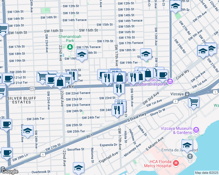 map of restaurants, bars, coffee shops, grocery stores, and more near 1750 Coral Way in Miami