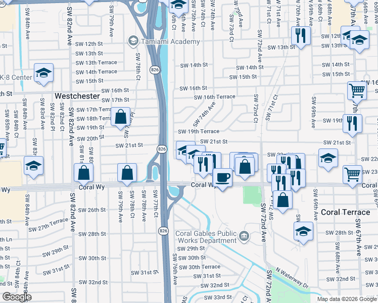 map of restaurants, bars, coffee shops, grocery stores, and more near 2150 Southwest 75th Avenue in Miami