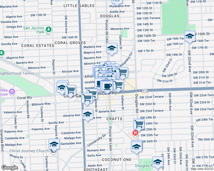 map of restaurants, bars, coffee shops, grocery stores, and more near 205 Aragon Avenue in Coral Gables