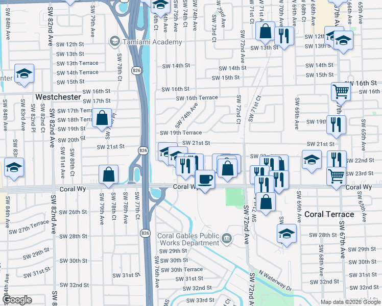map of restaurants, bars, coffee shops, grocery stores, and more near 7435 Southwest 22nd Street in Miami