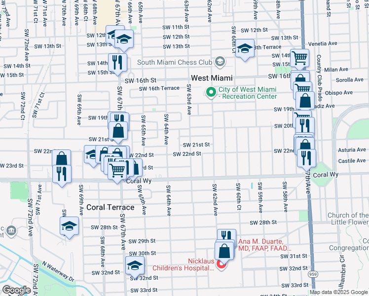 map of restaurants, bars, coffee shops, grocery stores, and more near 6310 Southwest 21st Street in Miami