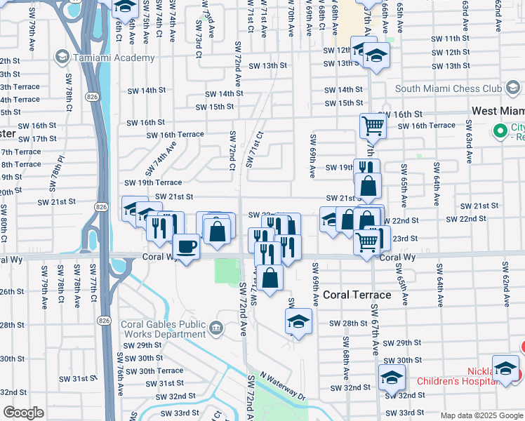map of restaurants, bars, coffee shops, grocery stores, and more near 7121 Southwest 22nd Street in Miami