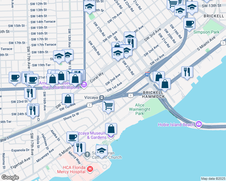 map of restaurants, bars, coffee shops, grocery stores, and more near 3001 Southwest 1st Avenue in Miami