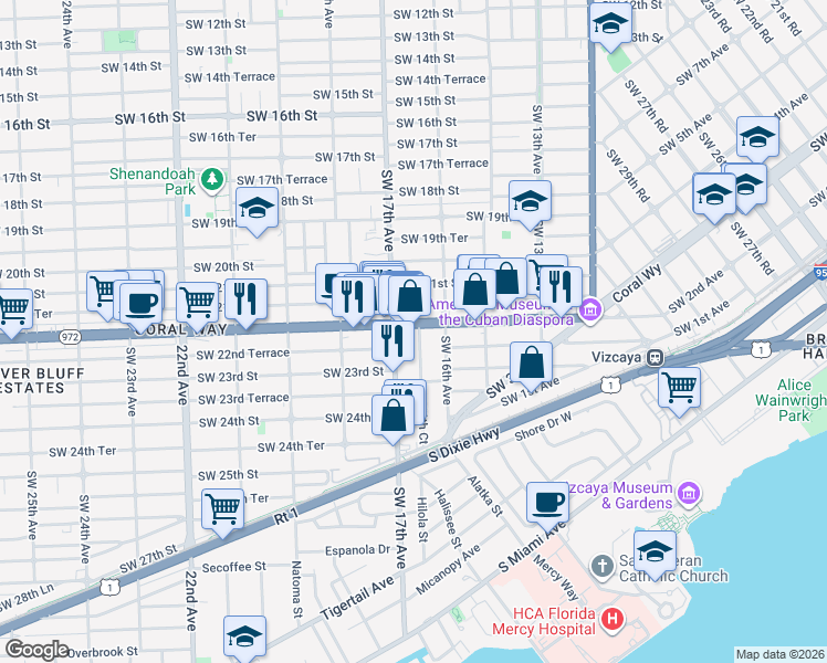 map of restaurants, bars, coffee shops, grocery stores, and more near 2221 Southwest 17th Avenue in Miami