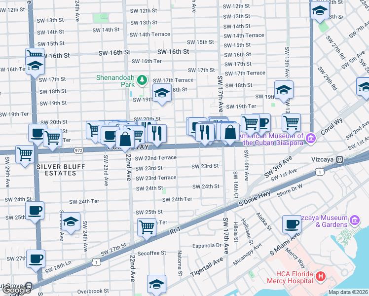 map of restaurants, bars, coffee shops, grocery stores, and more near 1898 Southwest 22nd Terrace in Miami