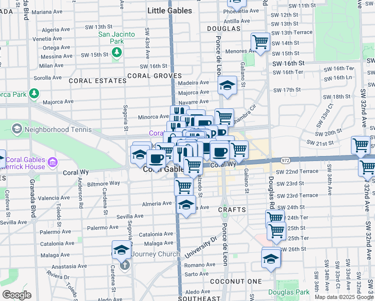 map of restaurants, bars, coffee shops, grocery stores, and more near 383 Aragon Avenue in Coral Gables