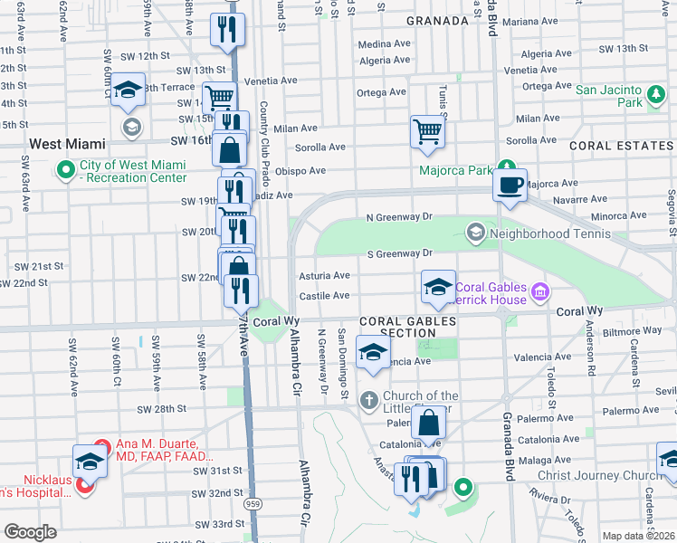 map of restaurants, bars, coffee shops, grocery stores, and more near 1323 Asturia Avenue in Coral Gables
