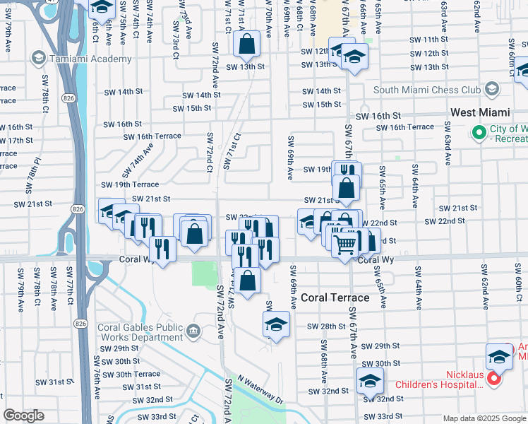 map of restaurants, bars, coffee shops, grocery stores, and more near 7033 Southwest 22nd Street in Miami