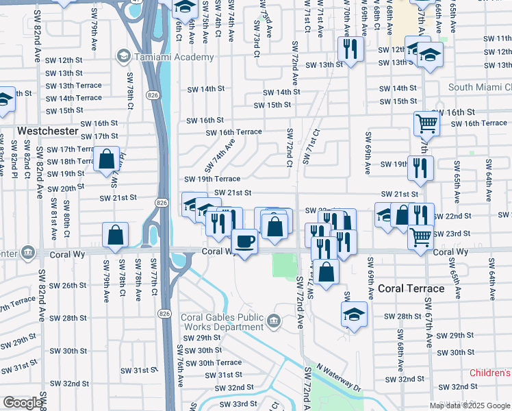 map of restaurants, bars, coffee shops, grocery stores, and more near 7345 Southwest 22nd Street in Miami