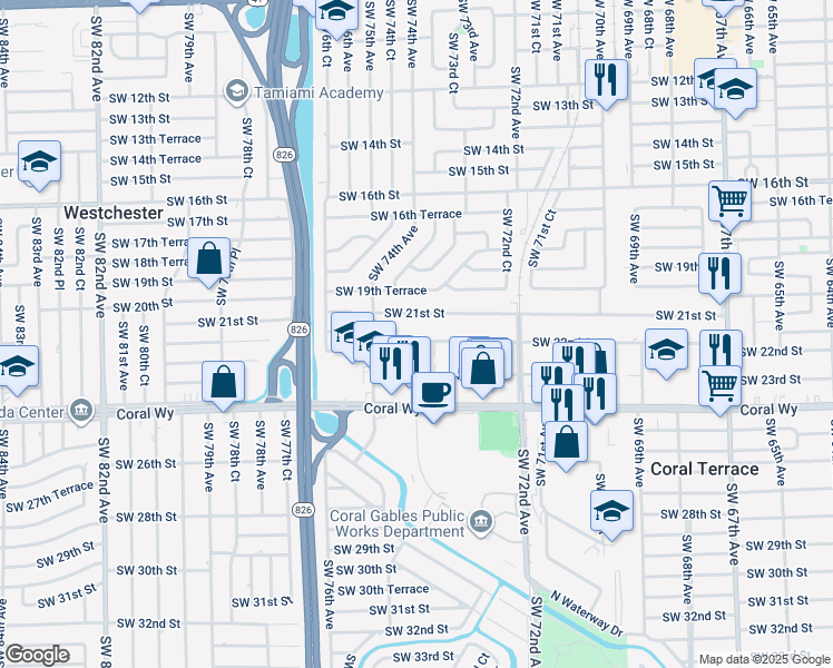 map of restaurants, bars, coffee shops, grocery stores, and more near 7435 Southwest 22nd Street in Miami