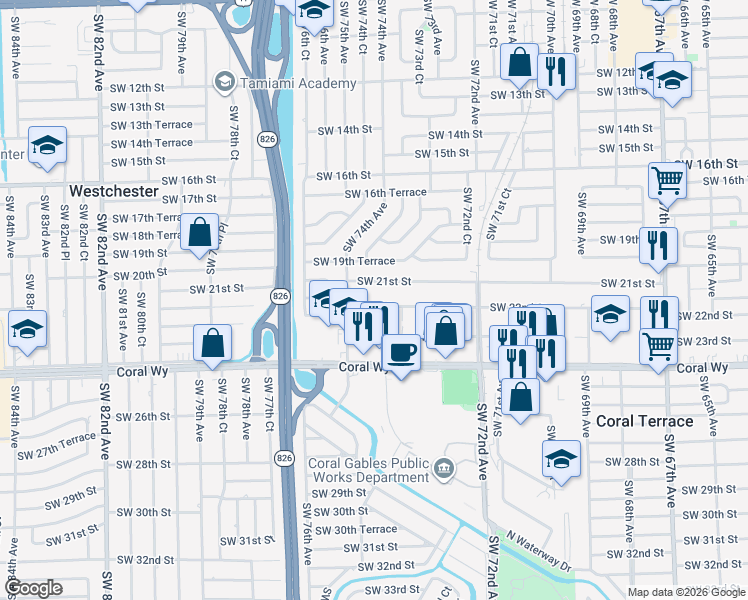 map of restaurants, bars, coffee shops, grocery stores, and more near 7435 Southwest 22nd Street in Miami