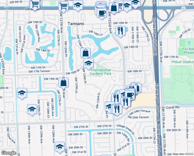 map of restaurants, bars, coffee shops, grocery stores, and more near 12340 Southwest 18th Terrace in Miami