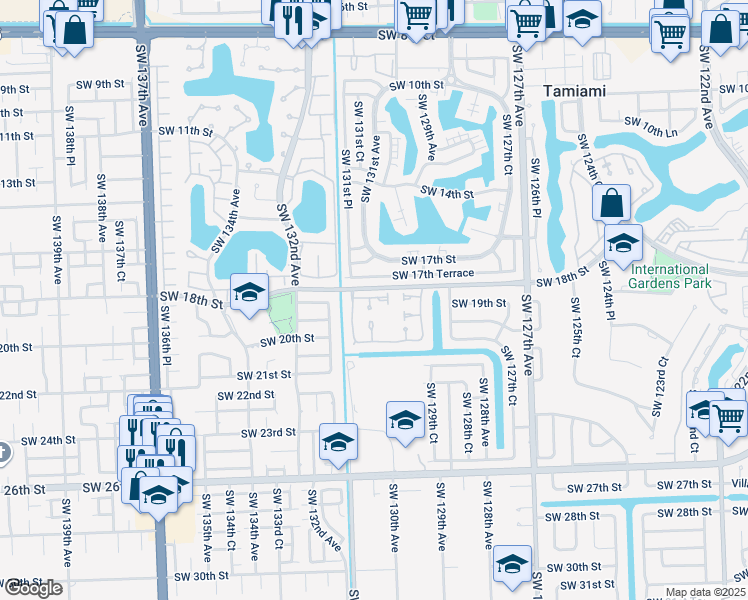 map of restaurants, bars, coffee shops, grocery stores, and more near 13140 Southwest 18th Terrace in Miami