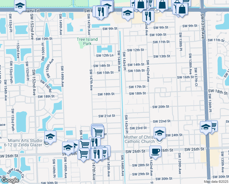 map of restaurants, bars, coffee shops, grocery stores, and more near 14501 Southwest 18th Street in Miami