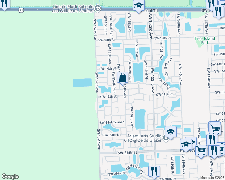 map of restaurants, bars, coffee shops, grocery stores, and more near 1724 Southwest 154th Path in Miami