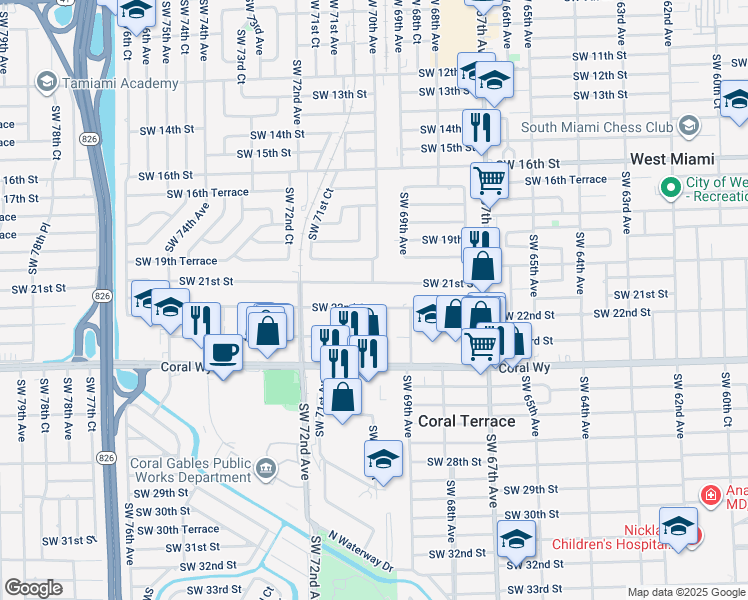 map of restaurants, bars, coffee shops, grocery stores, and more near 7033 SW 22nd St in Miami