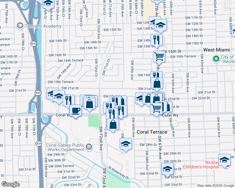 map of restaurants, bars, coffee shops, grocery stores, and more near 7033 Southwest 22nd Street in Miami
