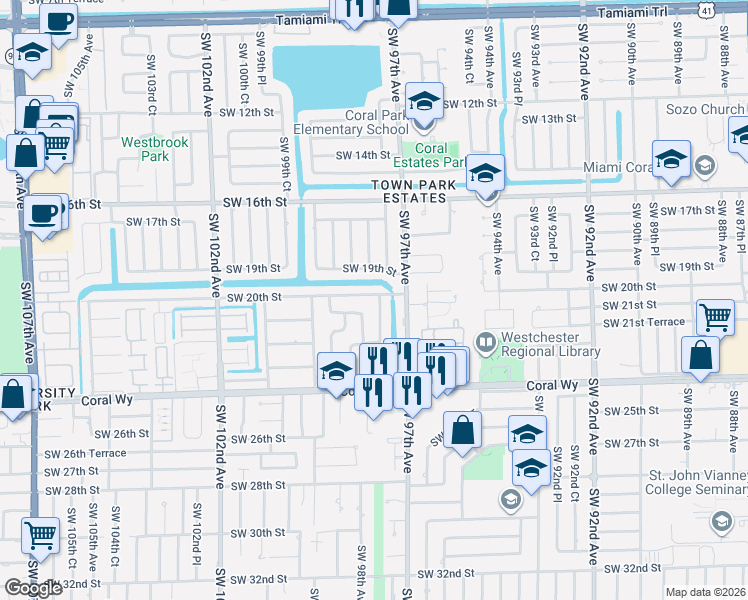 map of restaurants, bars, coffee shops, grocery stores, and more near 9770 Southwest 20th Street in Miami