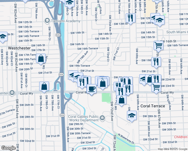 map of restaurants, bars, coffee shops, grocery stores, and more near 7345 Southwest 22nd Street in Miami