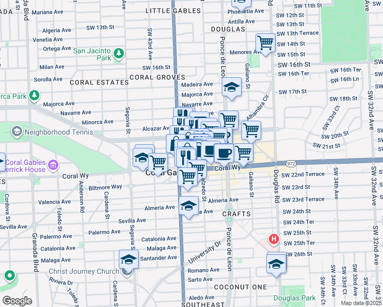 map of restaurants, bars, coffee shops, grocery stores, and more near 353 Aragon Avenue in Coral Gables